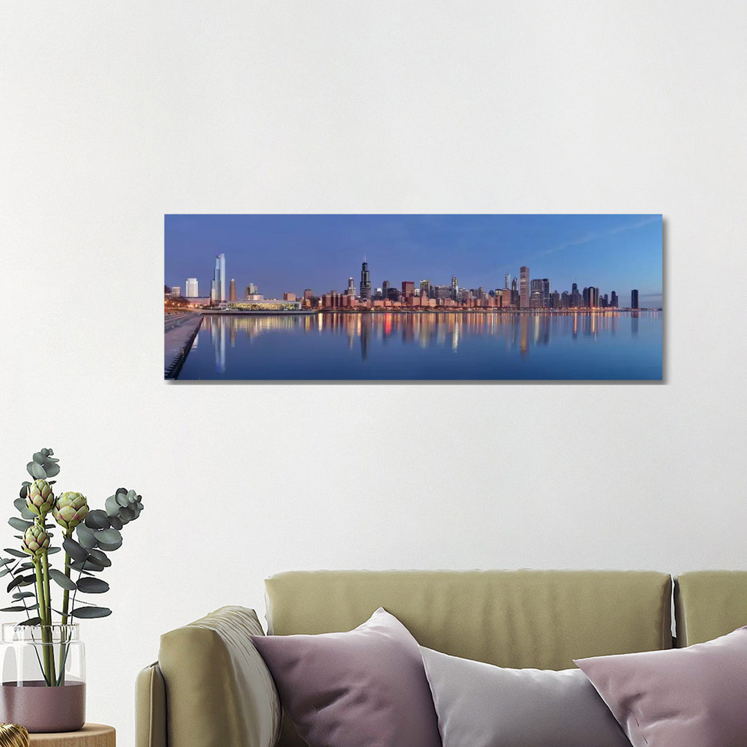 Chicago Skyline Cityscape (Sunset) - Wrapped Canvas Panoramic Print