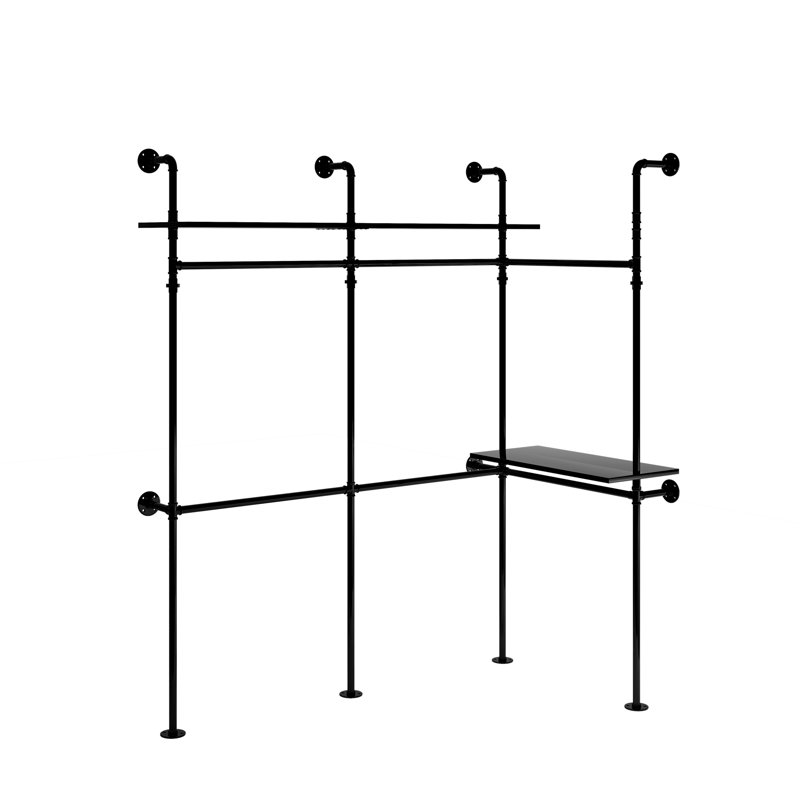Adjustable 118" Heavy-Duty Metal Pipe Garment Rack with LED Light - Wall-Mounted Clothing Rail System for Warehouse/Commercial Use