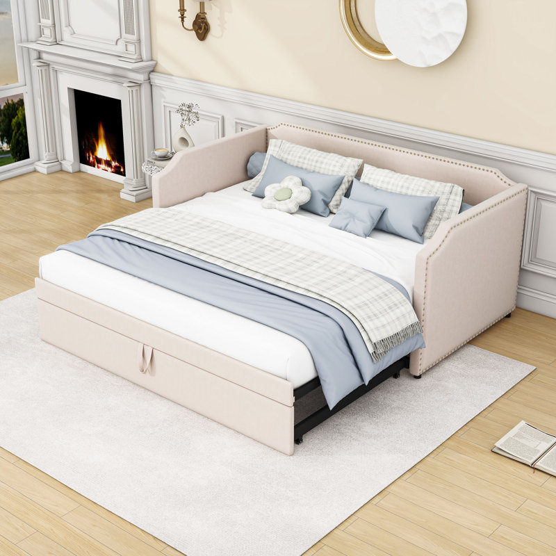 Twin Velvet Upholstered Daybed with Lift-Up Twin Trundle, Beige
