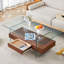 Table basse à deux niveaux de 43,3 po, verre trempé transparent et grain de bois foncé, conception de rangement multifonctionnelle. L'étage inférieur comprend un tiroir. Peut être utilisé comme table basse, table d'appoint