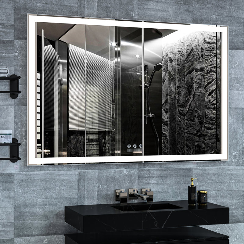 Grand miroir de salle de bain 60 x 40 pouces avec éclairage DEL, étanche, cadre robuste en aluminium, 3 options, gestion tactile intelligente. Miroir DEL 59,23 x 40,44 pouces, versions colorées, option d'installation.