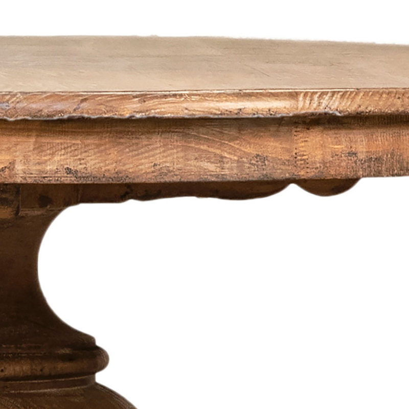 Padilla 59-Inch Round Reclaimed Pine Antique Natural Carved Pedestal Dining Table, Brown, 30" H x 59" L x 59" W