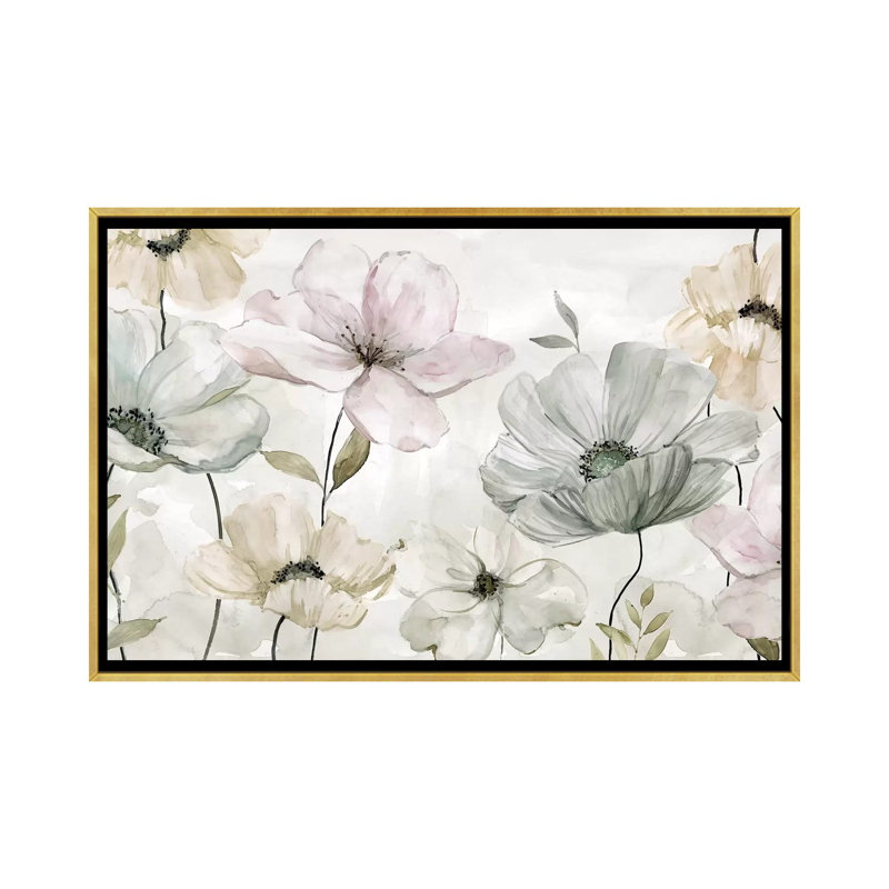 «Garden Grays» par Carol Robinson - reproduction, H 18 po x l 26 po x P 1,5 po, Toile encadrée d'or, Pas de tapis