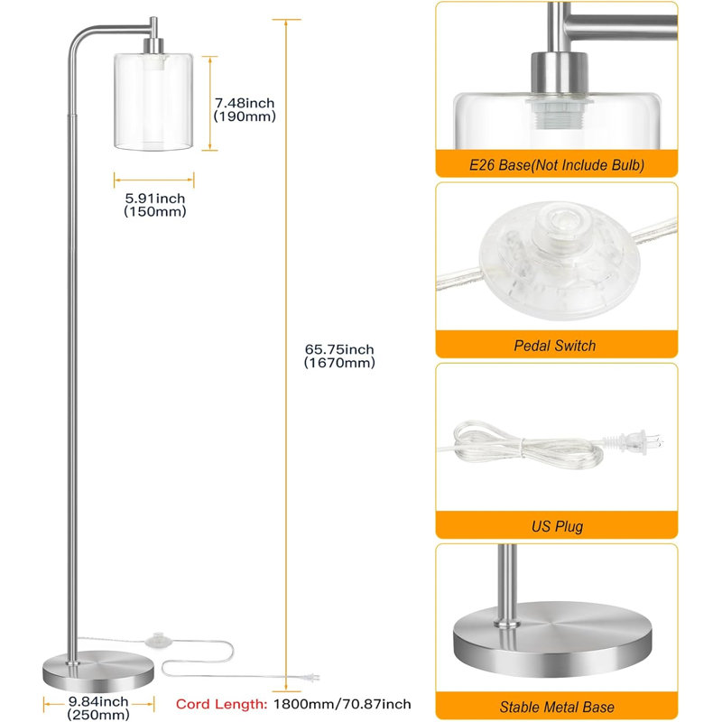 Industrial Floor Lamp, Modern Standing Lamps With Hanging Clear Glass Shade, Classic Reading Tall Pole Light For Living Room Bedroom, Black