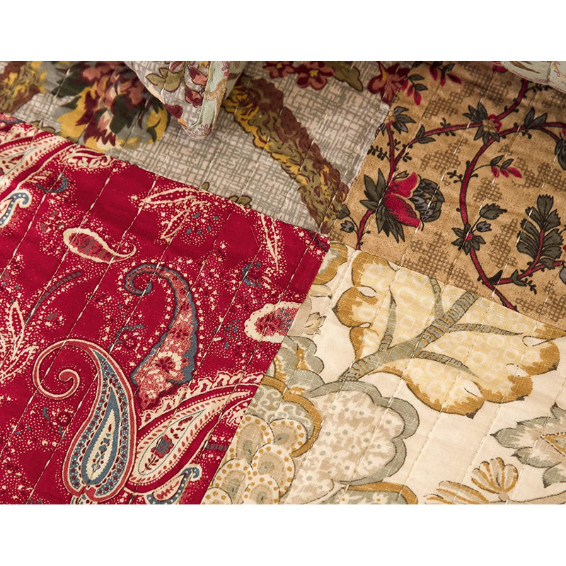 Leslie Queen Brown Cotton Reversible Floral Patchwork Quilt Set