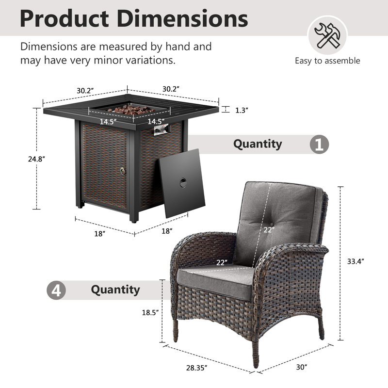 Aluel 5-Pieces Outdoor Wicker Chairs & Square Fire Pit Table Conversation Set With Cushions, Gray