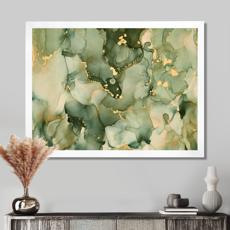«Green Luxury Abstract Fluid Art I», reproduction d'art sur toile moderne, H 12 po x l 20 po, Impression encadrée, Blanc