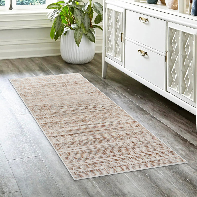Miesner Dario Modern Striped Cream Polyester High-Low Indoor Area Rug, Runner 2'2" x 7'