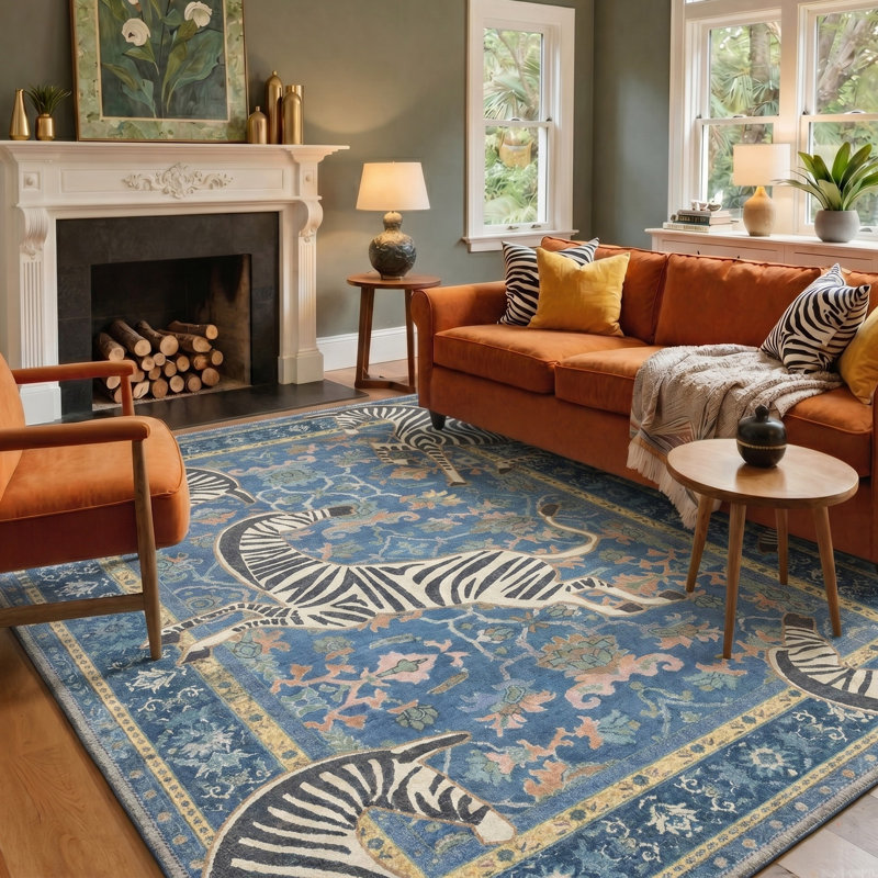 Allandale Zebra Print Blue Machine Washable Non-Slip Area Rug, Rectangle 9' x 12', Blue