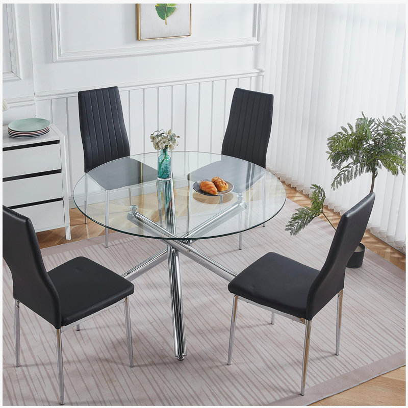 Ensemble de salle à manger 1 + 4,5 pièces, table de salle à manger avec pieds en métal Mid-Century pour 4-6 personnes avec plateau en verre, table de salle à manger à piédestal, table basse de loisirs