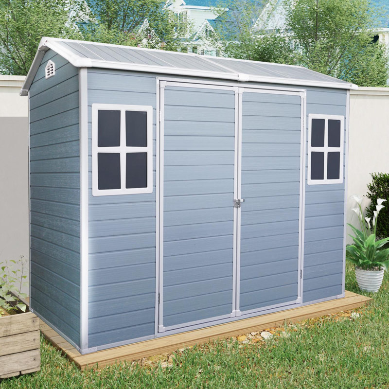 Remise de rangement extérieure 8 pi x 4 pi avec deux fenêtres et deux portes, remise en plastique avec plancher pour Gargen, patio, cour, pelouse, gris