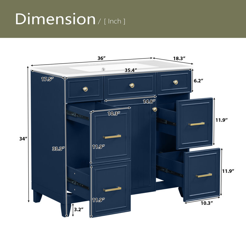 Meuble-lavabo 36 po avec lavabo en céramique, Bleu