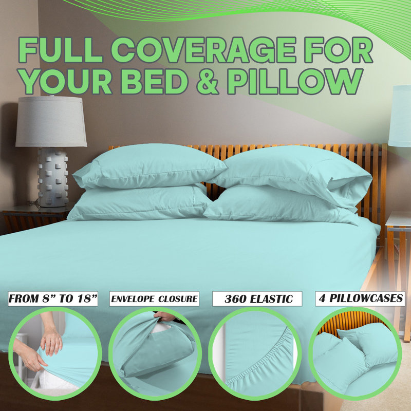 Premium Rayon From Bamboo Blend Sheet Set With Deep Pockets, Cooling and Breathable, Aqua, Queen Sheet Set with 4 Pillowcases