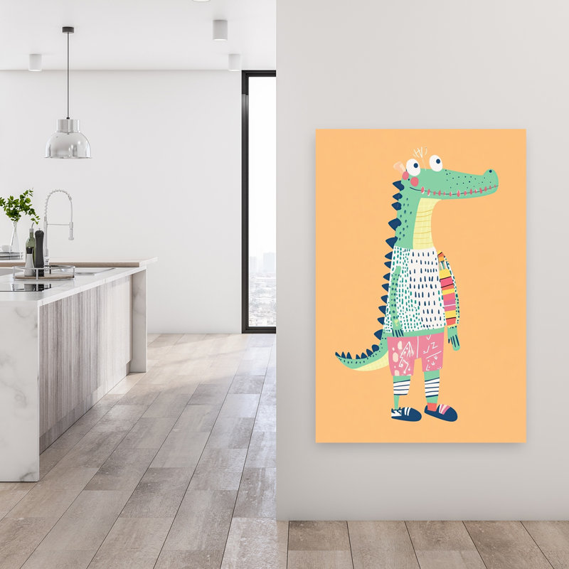 Playful Croc In Outfit Modern Alligator Crocodile Wall Art Print by Mathieu - Wrapped Canvas Print, 121.92cm H x 81.28cm W