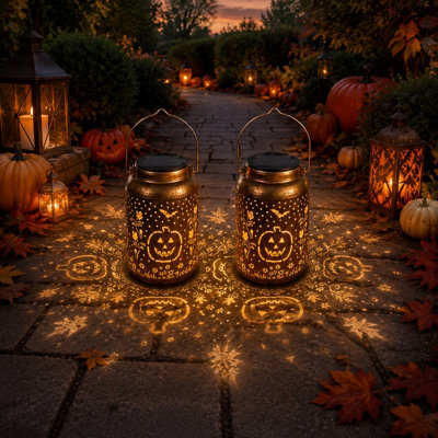 This 2 Pack of IP65 waterproof Metal Halloween solar pumpkin lanterns projects pumpkin, bat & leaf shadows, runs on solar power with an Auto Dusk-to-Dawn Sensor, and requires No Wiring. For outdoor use.