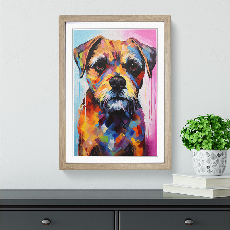 Border Terrier Abstract - Single Picture Frame Print on Wood, Oak, 34cm H x 25cm W x 2cm D
