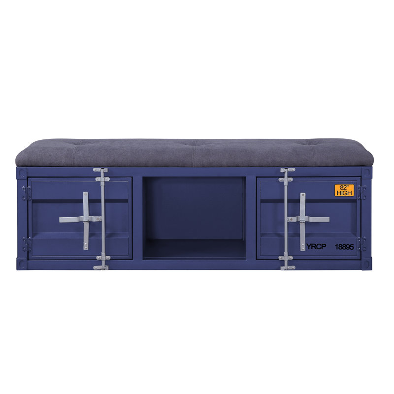 Blue Metal Storage Bench with Gray Fabric Seat