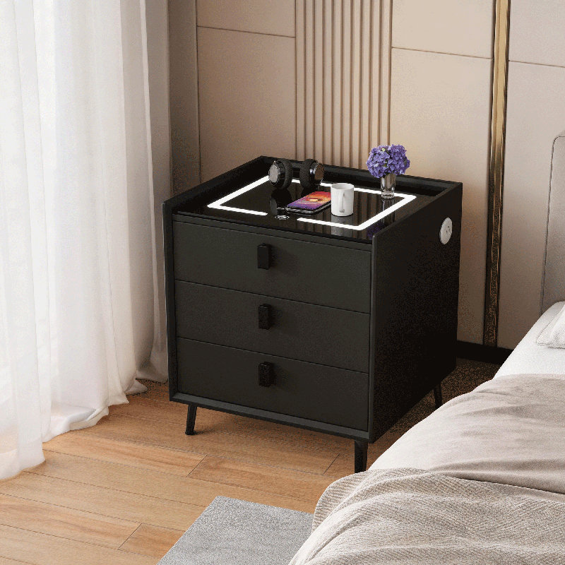 Black Nightstand with Charging Station, Wireless Charging & 3-Color LED Light – Smart Bedside Table with USB-C, USB-A & AC Outlet, 3 Soft Close Drawers, Tempered Glass Top