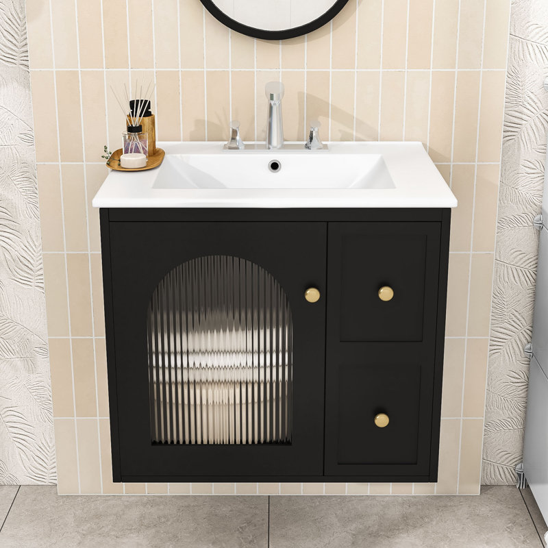 Meuble-lavabo mural avec lavabo et armoire peu encombrante avec porte vitrée, Noir
