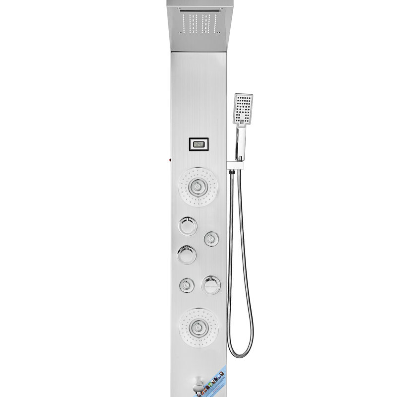 Tour de panneau de douche avec 6 modes, DEL et affichage, pluie, chute d'eau, 4 jets de massage corporel, bec de baignoire, tuyau à main de 59 po, buses à colmatage, acier inoxydable 304, argent, profondeur 50,11 po, largeur 10,78 po