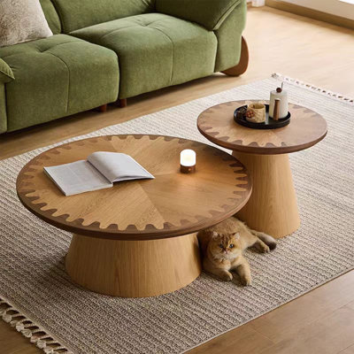 Ensemble de tables basses rondes, incrustations en bois et en noyer moderne avec bordure engrenage, centre de table de salon élégant