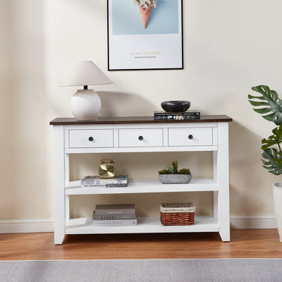 Retro Design Console Table with Two Open Shelves, Pine Solid Wood Frame and Legs for Living Room
