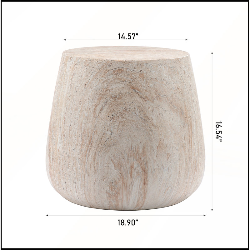 Table basse d'appoint ronde en forme de tambour, plateau en imitation travertin MgO, pour intérieur et extérieur, dimensions : 14,57 x 18,90 x H 16,54 cm