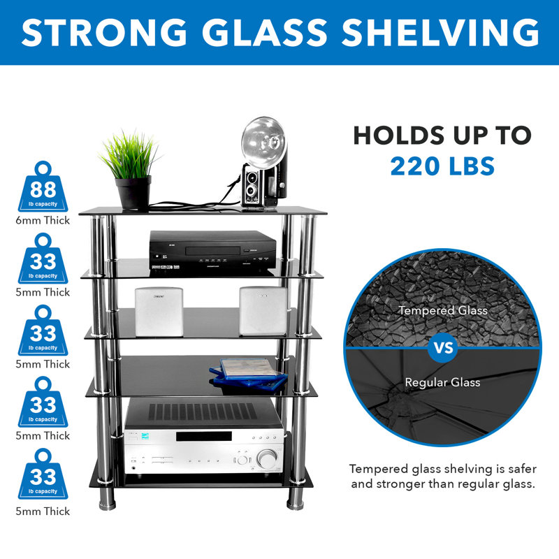 Mount-It! Tempered Glass AV Component Media Stand, Audio Tower and Media Center with 5 Black Shelves