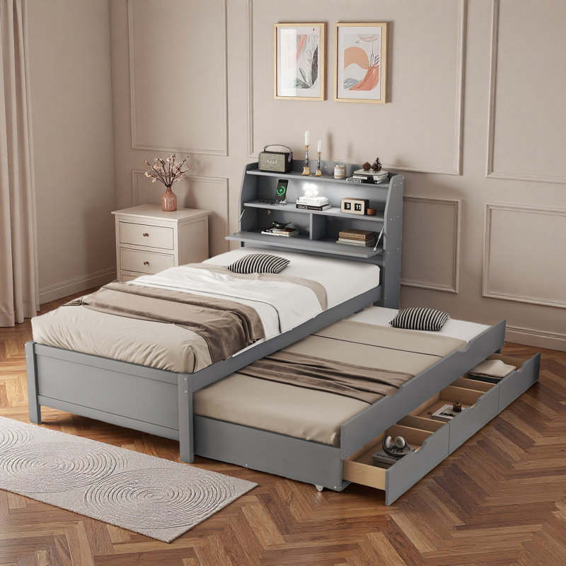Lit plateforme en bois avec lit gigogne, tête de lit, tiroirs, prises à DEL et prises USB, Gris, Lit simple