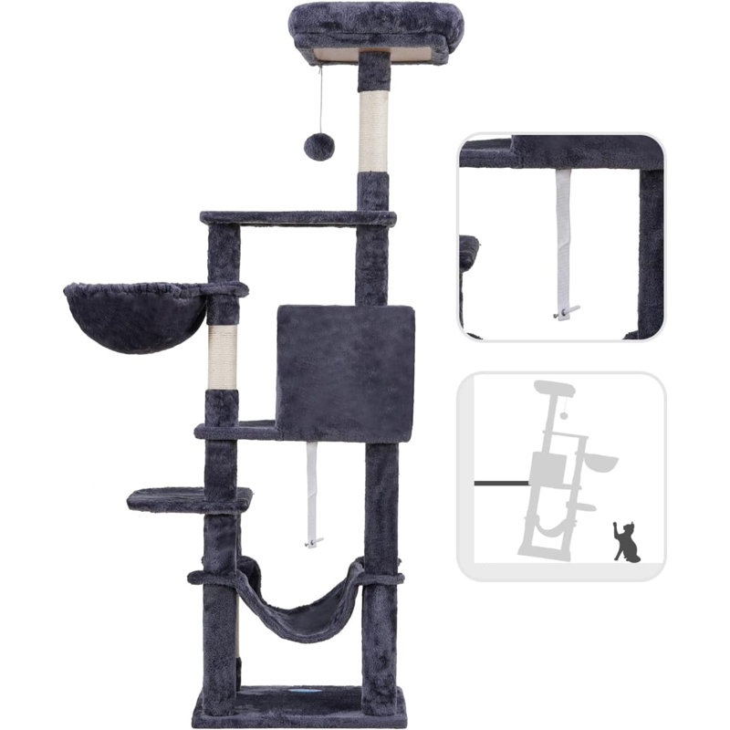 Cat Tree With Large Hammock, Multi-Level Cat Tower For Indoor Cats, Cat Condo With Sisal-Covered Scratching Posts And Top Perch, Smoky Grey MPJ050G