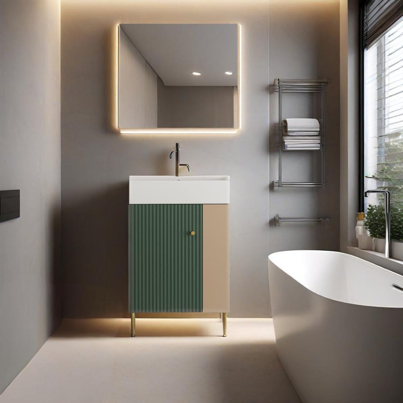 Meuble-lavabo à tablettes ouvertes de 21,6 po avec lavabo en céramique et porte à fermeture en douceur, armoire de rangement à tablettes ouvertes sur le côté gauche