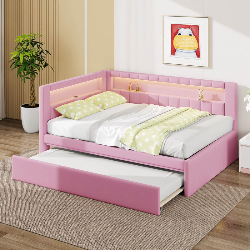 Platform Bed With USB Ports And LED Belt, Upholstered Bed Frame With Trundle, No Box Spring Needed, Full/Double, Pink