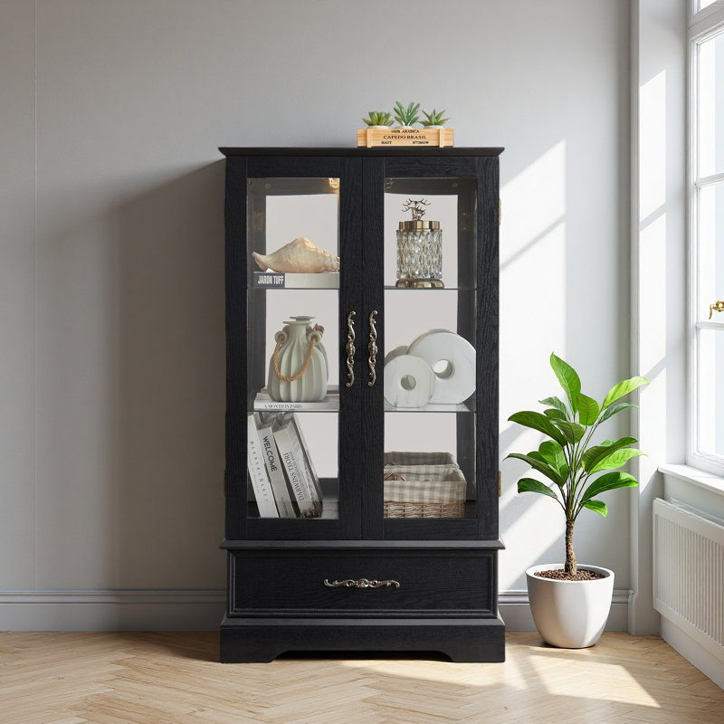 Lighted Glass Curio Cabinet With Adjustable Shelves - Elegant 2-Door Display Cabinet