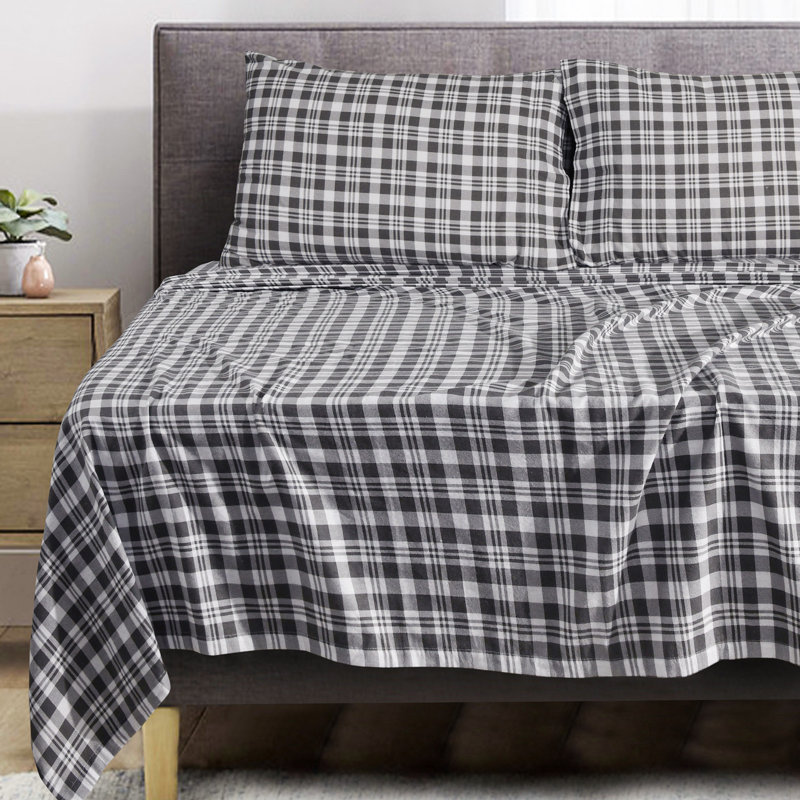 Ensemble de draps 100% flanelle de coton Prionto Davae, Très grand californien, Carreaux, Gris