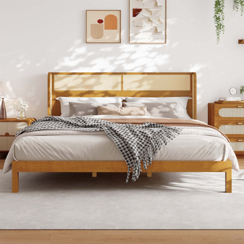Cadre de lit plateforme en bois d'hévéa de qualité supérieure avec tête de lit, design Mid-Century moderne pour le confort et le style