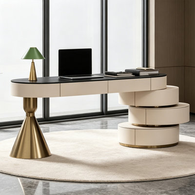 62.99"W Modern light luxury desk, sintered stone top with gold accent, 5 drawers