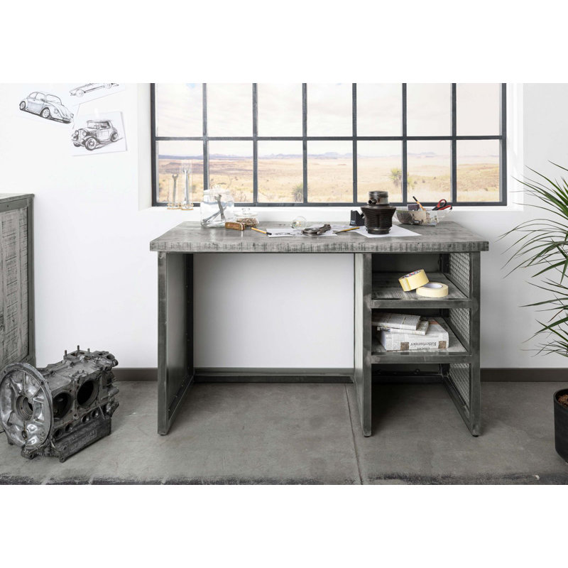 Heavy Industry Solid Wood Top Metal Base Writing Desk, Grey