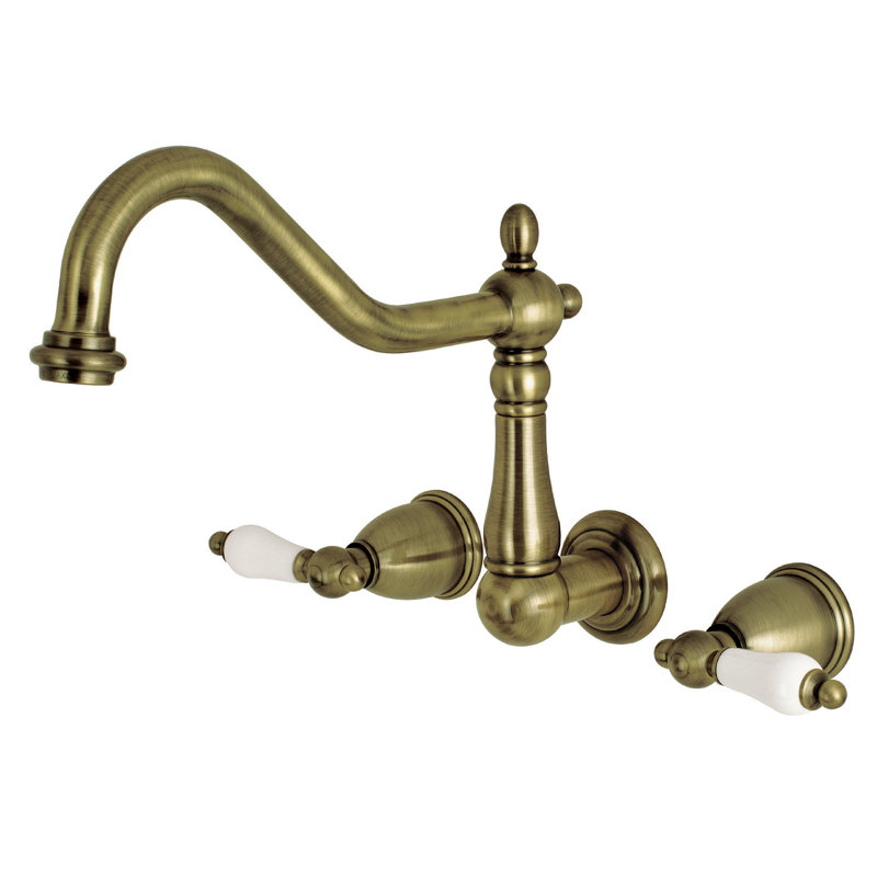 Kingston Brass Heritage Double-Handle 3-Hole Wall-Mount Kitchen Faucet, Vintage Brass