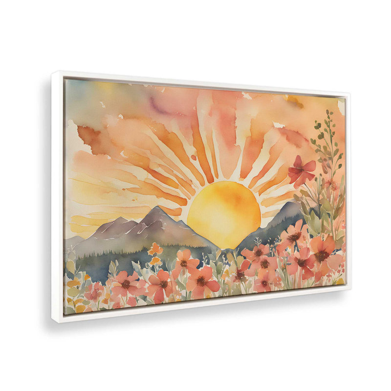 Fleurs et lueur du lever du soleil , H 8,75 po x l 12,75 po x P 1,75 po, Cadre flottant blanc opaque, 1