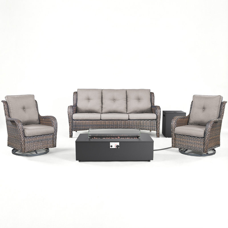 Carolina 4-Piece All Weather Wicker Patio Conversation Set With Swivel Gliders And Split Fire Pit Table