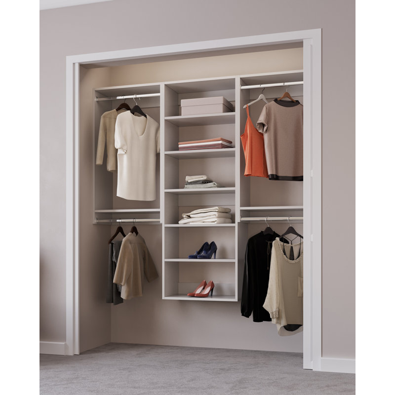 White Modular Closet System with Shelves and Hanging Rods