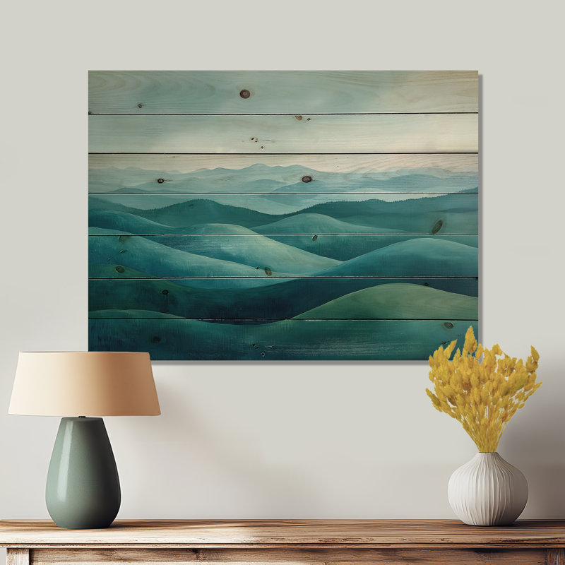 «Countryside Rolling Hills In The Mist II» - Décoration murale paysage en bois - sur bois de pin naturel