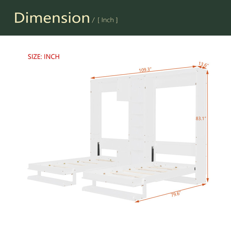 Lits simples escamotables doubles avec armoires et tablettes, Blanc