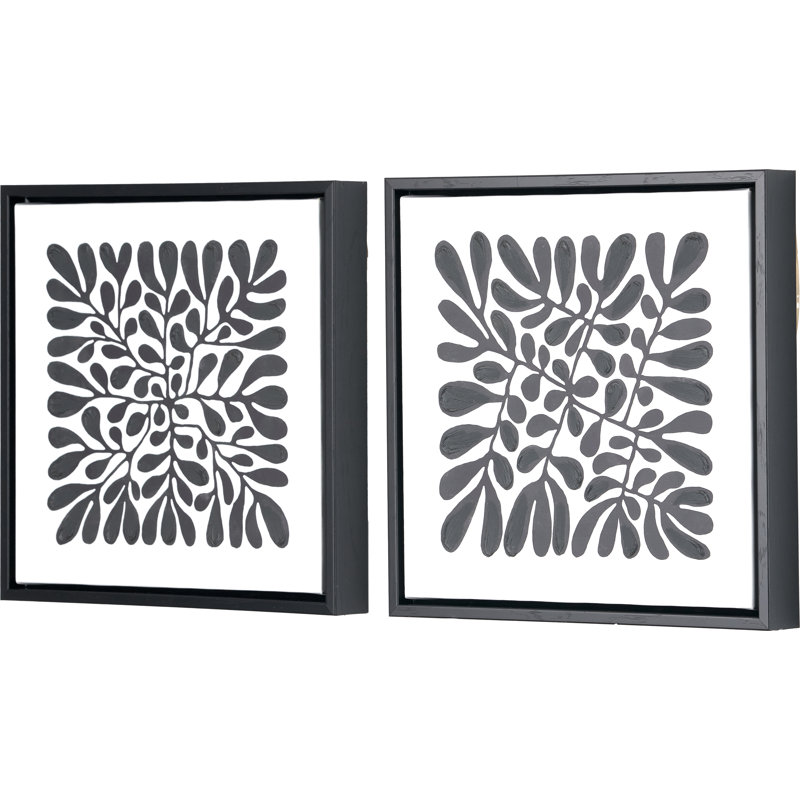 S/2 Black Leaf Print Square Canvases - 2 Piece Single Picture Frame Set on Canvas