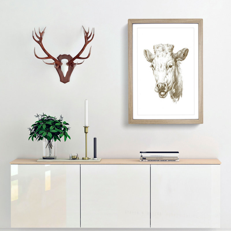 The Head of a Cow by Jean Bernard - Picture Frame Drawing Print, Oak Framed, 36cm H x 27cm W x 2cm D