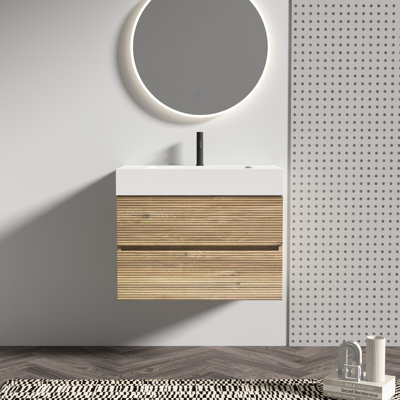 Meuble-lavabo mural, aspect chêne, tiroirs à fermeture en douceur, ingrédients E1, détails de drainage en forme de U, matériaux, option