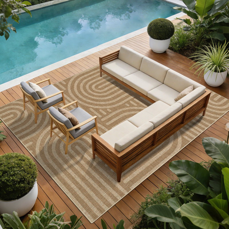 Tapis intérieur / extérieur à motif géométrique abstrait aspect jute, Beige, 10*13ft