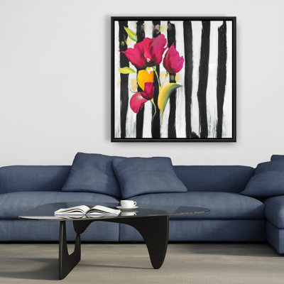 "Fleurs roses sur rayures noires" sur toile
