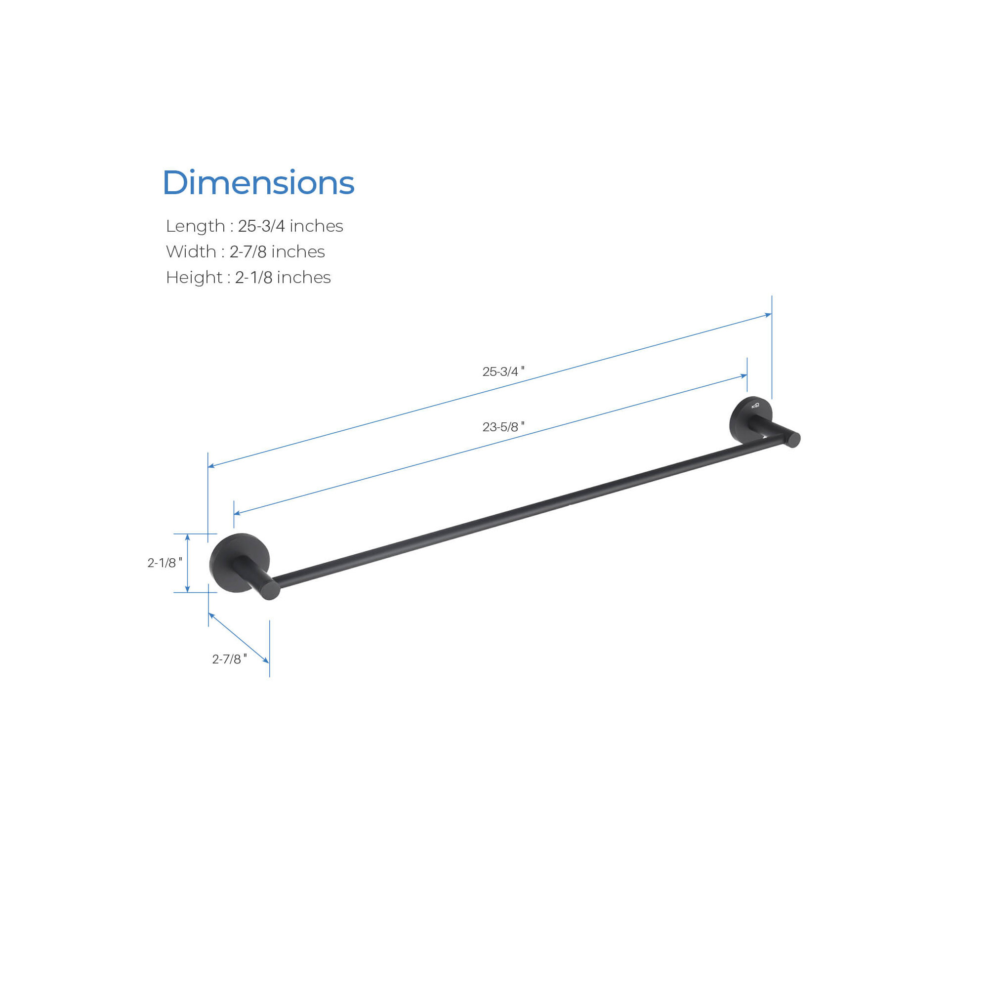 Wall Mounted Towel Bar, 2.13" H x 24" W x 2.88" D, Matte Black