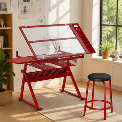 Red Adjustable Tempered Glass Drafting Printing Drafting Table With Chair